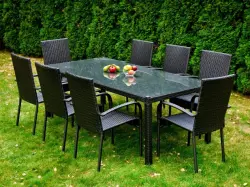 Duży zestaw obiadowy z technorattanu (stół 200x100cm + 8 krzeseł) SOTTILE czarny