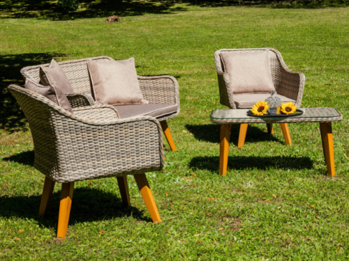 Przejdź do produktu Elegancki zestaw ogrodowy  z technorattanu (2 x wygodny fotel, sofa + stolik) LARGO szary niejednolity