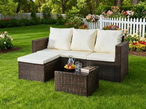 Przejdź do produktu Narożnik ogrodowy (3-osobowa sofa, pufa, stolik) OTTIMO brązowy