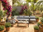 Zestaw mebli ogrodowych (2 x fotel, duża sofa + stolik) MOSTRARE szare aluminium, podłokietniki polywood