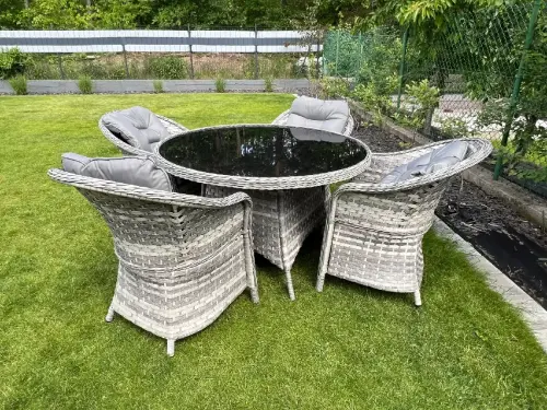 Przejdź do produktu Zestaw mebli stołowych technorattan (4 fotele + okrągły stół) MODERNO jasno szary 