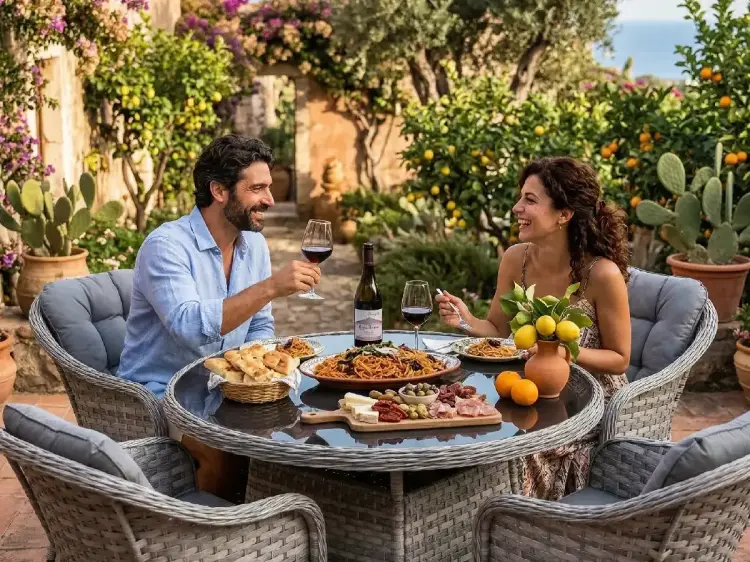 Zestaw MODERNO 4 fotele i stół okrągły jasny technorattan.webp