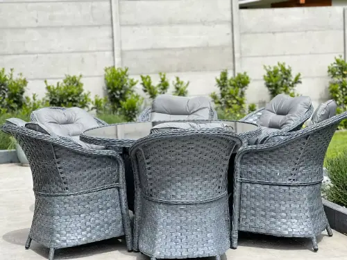 Przejdź do produktu Meble stołowe z technorattanu (6 foteli + duży okrągły stół) MODERNO szary