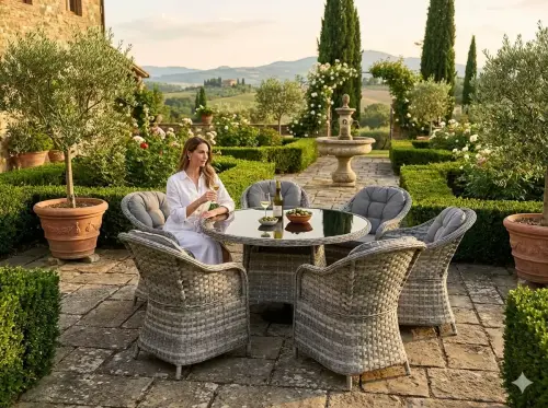 Przejdź do produktu Duży komplet stołowy z technorattanu (6 foteli + stół) MODERNO jasny szary 