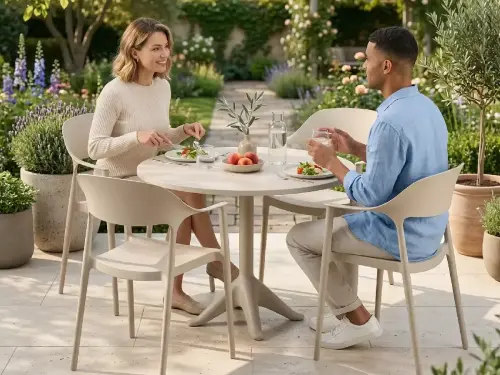 Przejdź do produktu Zestaw mebli obiadowych (okrągły stolik + 4 krzesła) VITA meble ogrodowe beżowe