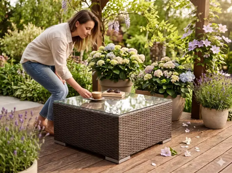 Stolik ogrodowy z szarego technorattanu outlet.webp