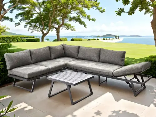 Przejdź do produktu Narożnik ogrodowy z aluminium ze stolikiem RADIOSO regulowane oparcie