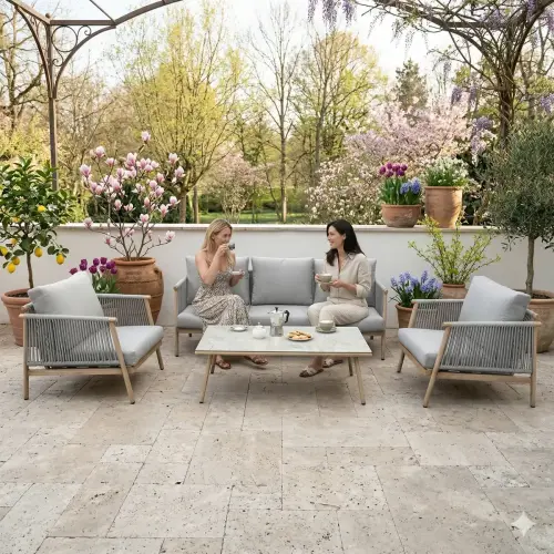 Przejdź do produktu Aluminiowy zestaw mebli tarasowych (Duża sofa, 2 x fotel i stolik) BLANDO jasno szary, aluminium  