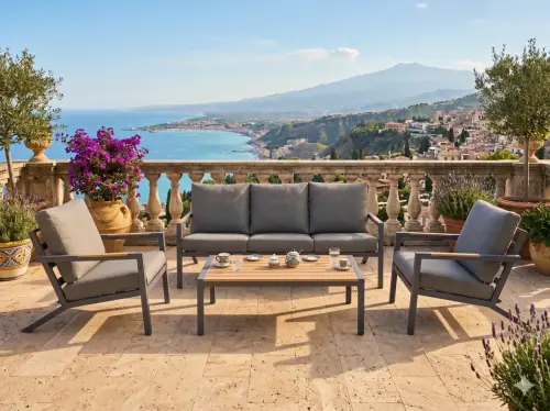 Przejdź do produktu Nowoczesny komplet mebli ogrodowych (3-osobowa sofa, 2 x fotel + stolik)  MISTERIOSO aluminium