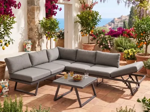 Przejdź do produktu Narożnik ogrodowy z aluminium ze stolikiem RADIOSO regulowane oparcie