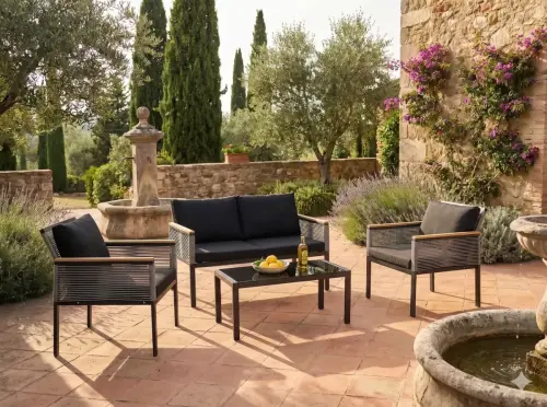 Przejdź do produktu Mały zestaw mebli na balkon (2 x fotel, sofa + stolik) CORTO czarne aluminium, szary technorattan