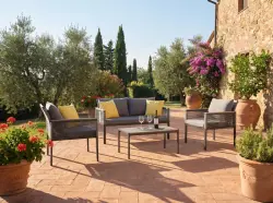 Aluminiowy zestaw mebli ogrodowych (2 x fotel, sofa + stolik) CORTO okrągły szary technorattan 
