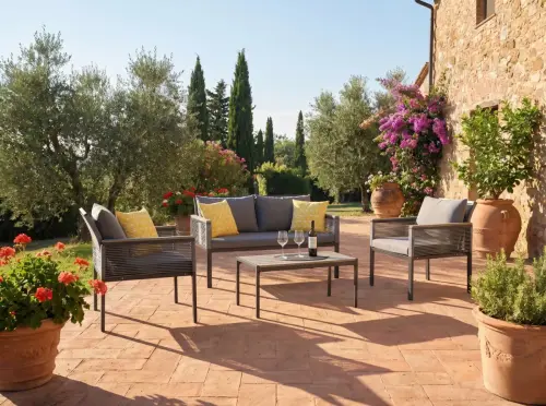 Przejdź do produktu Aluminiowy zestaw mebli ogrodowych (2 x fotel, sofa + stolik) CORTO okrągły szary technorattan 