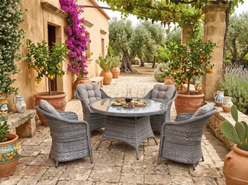 Przejdź do produktu Zestaw obiadowy z technorattanu (okrągły stół + 4 fotele) MODERNO szary