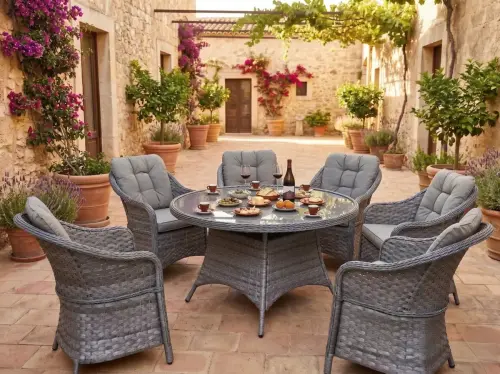 Przejdź do produktu Meble stołowe z technorattanu (6 foteli + duży okrągły stół) MODERNO szary