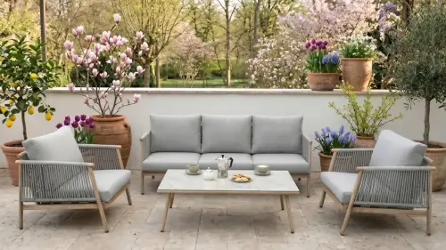 Przejdź do produktu Aluminiowy zestaw mebli tarasowych (Duża sofa, 2 x fotel i stolik) BLANDO jasno szary, aluminium  