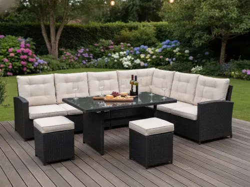 Przejdź do produktu Komplet mebli ogrodowych z technorattanu (Duży narożnik + wysoki stół) BOSCO czarny OUTLET