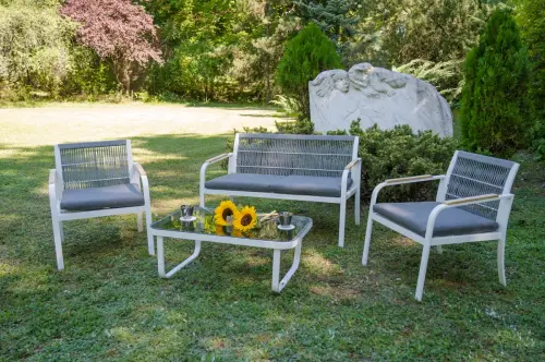 Przejdź do produktu Zestaw mebli na balkon z aluminium meble z plecioną liną sofa 2 fotele stolik kawowy OUTLET