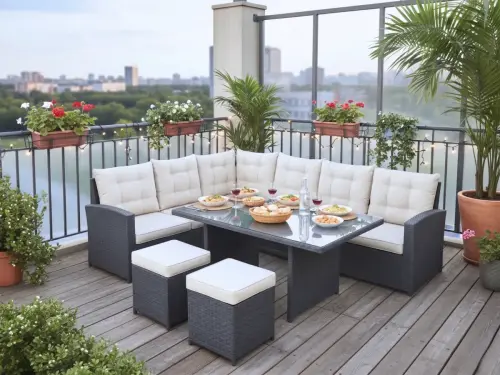 Przejdź do produktu Outlet Narożnik  szary technorattan wysoki stół pufy BOSCO