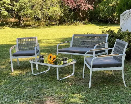 Przejdź do produktu Zestaw mebli ogrodowych z aluminium  (2 x fotel, sofa + stolik) RARO biały , szary