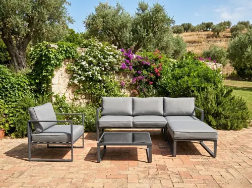 Przejdź do produktu Zestaw Mebli Ogrodowych (Duża 3os. sofa, fotel, pufa i stolik) MOSTRARE szary, aluminium 