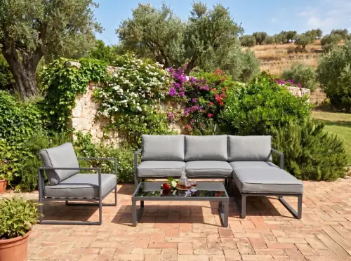 Przejdź do produktu Zestaw Mebli Ogrodowych (Duża 3os. sofa, fotel, pufa i stolik) MOSTRARE szary, aluminium 