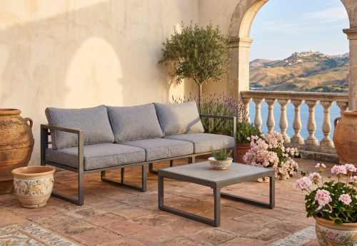 Przejdź do produktu Zestaw mebli wypoczynkowych ( 3 - osobowa sofa + stolik) MOSTRARE szare aluminium, szare poduchy