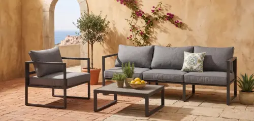Przejdź do produktu Zestaw Mebli Ogrodowych (Duża 3os. sofa, fotel i stolik) MOSTRARE szary, aluminium + detale polywood