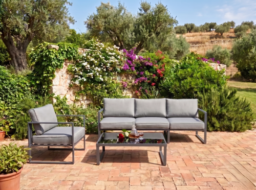 Przejdź do produktu Zestaw Mebli Ogrodowych (Duża 3os. sofa, fotel i stolik) MOSTRARE szary, aluminium 
