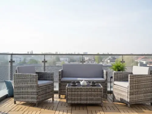 Przejdź do produktu Zestaw mebli ogrodowych z technorattanu ( 2 x fotel, sofa + stolik) CALMO szary
