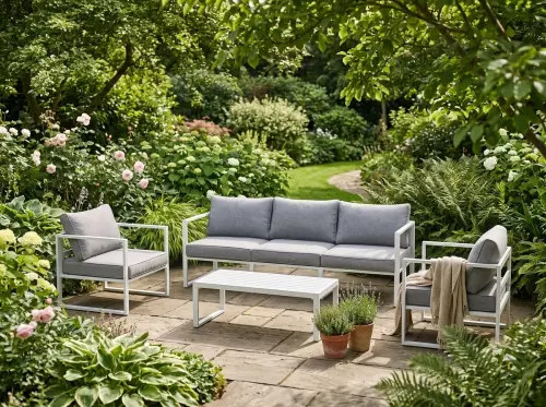 Przejdź do produktu Komplet mebli ogrodowych (duża 3os. sofa, 2 x fotel + stolik) MOSTRARE  białe aluminium, szare poduchy