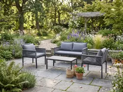 Aluminiowy zestaw mebli ogrodowych (2 x fotel, sofa + stolik) CORTO okrągły szary technorattan 