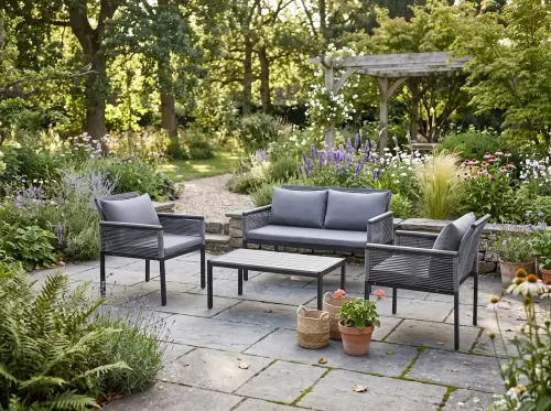 Przejdź do produktu Aluminiowy zestaw mebli ogrodowych (2 x fotel, sofa + stolik) CORTO okrągły szary technorattan 