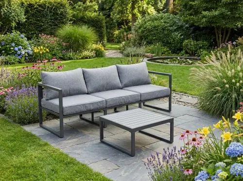 Przejdź do produktu Zestaw mebli wypoczynkowych ( 3 - osobowa sofa + stolik) MOSTRARE szare aluminium, szare poduchy