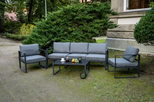 Przejdź do produktu Zestaw mebli ogrodowych (2 x fotel, duża sofa + stolik) MOSTRARE szare aluminium