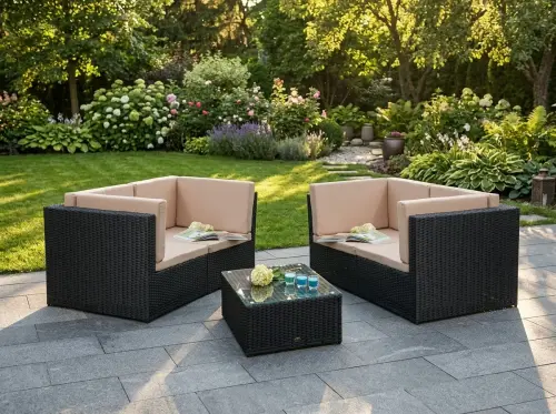 Przejdź do produktu Zestaw sof z czarnego technorattanu (2 x sofa + stolik) TINTO