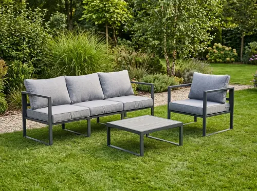 Przejdź do produktu Zestaw Mebli Ogrodowych (Duża 3os. sofa, fotel i stolik) MOSTRARE szary, aluminium 
