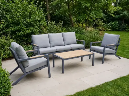 Przejdź do produktu Nowoczesny komplet mebli ogrodowych (3-osobowa sofa, 2 x fotel + stolik)  MISTERIOSO aluminium