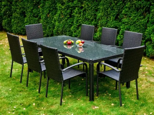 Przejdź do produktu Duży zestaw obiadowy z technorattanu (stół 200x100cm + 8 krzeseł) SOTTILE czarny