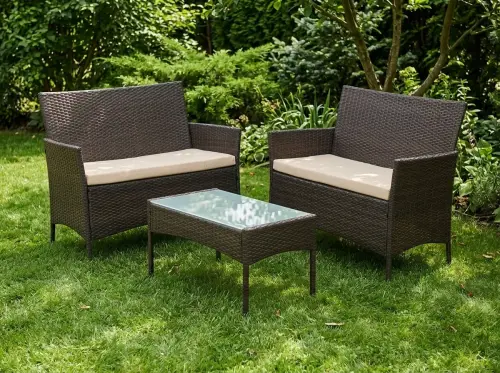 Przejdź do produktu Komplet mebli na taras z technorattanu (2 x sofa + stolik) COMODO brąz