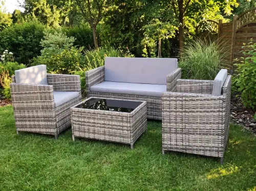 Przejdź do produktu Zestaw mebli ogrodowych z technorattanu ( 2 x fotel, sofa + stolik) CALMO szary