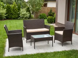 Zestaw mebli z technorattanu (2 x fotel, sofa + stolik) COMODO brązowy