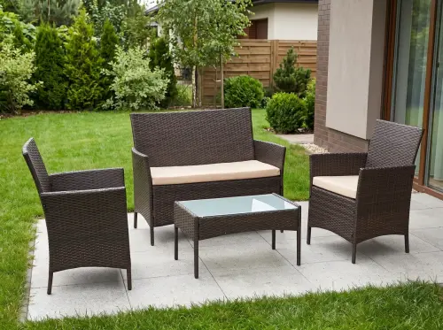 Przejdź do produktu Zestaw mebli z technorattanu (2 x fotel, sofa + stolik) COMODO brązowy