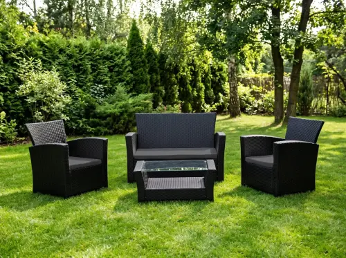 Przejdź do produktu Meble ogrodowe z technorattanu (sofa 123cm, 2 x fotel + stolik) UNICO czarny