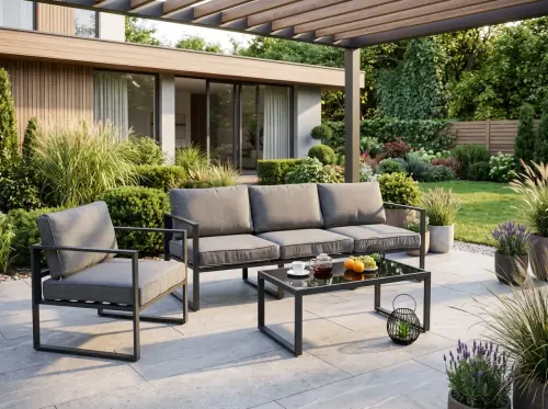 Przejdź do produktu Zestaw Mebli Ogrodowych (Duża 3os. sofa, fotel i stolik) MOSTRARE szary, aluminium 