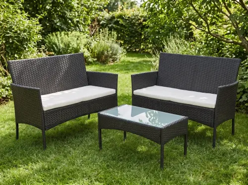 Przejdź do produktu Komplet mebli na taras z technorattanu (2 x sofa + stolik) COMODO czarny