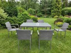 Komplet mebli obiadowych technorattan (stół 150x90cm + 6 krzeseł) AVVICENTE szary 