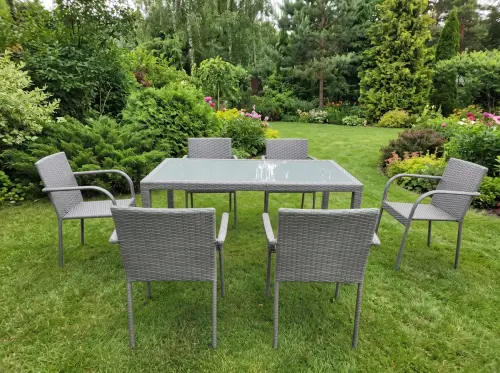 Przejdź do produktu Komplet mebli obiadowych technorattan (stół 150x90cm + 6 krzeseł) AVVICENTE szary 