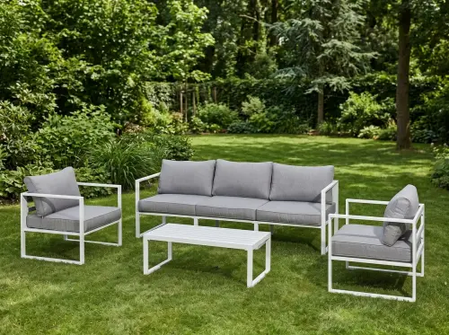 Przejdź do produktu Komplet mebli ogrodowych (duża 3os. sofa, 2 x fotel + stolik) MOSTRARE  białe aluminium, szare poduchy