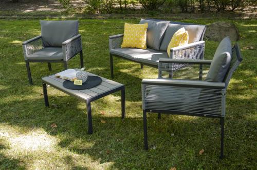 Przejdź do produktu Aluminiowy zestaw mebli ogrodowych (2 x fotel, sofa + stolik) CORTO okrągły szary technorattan 